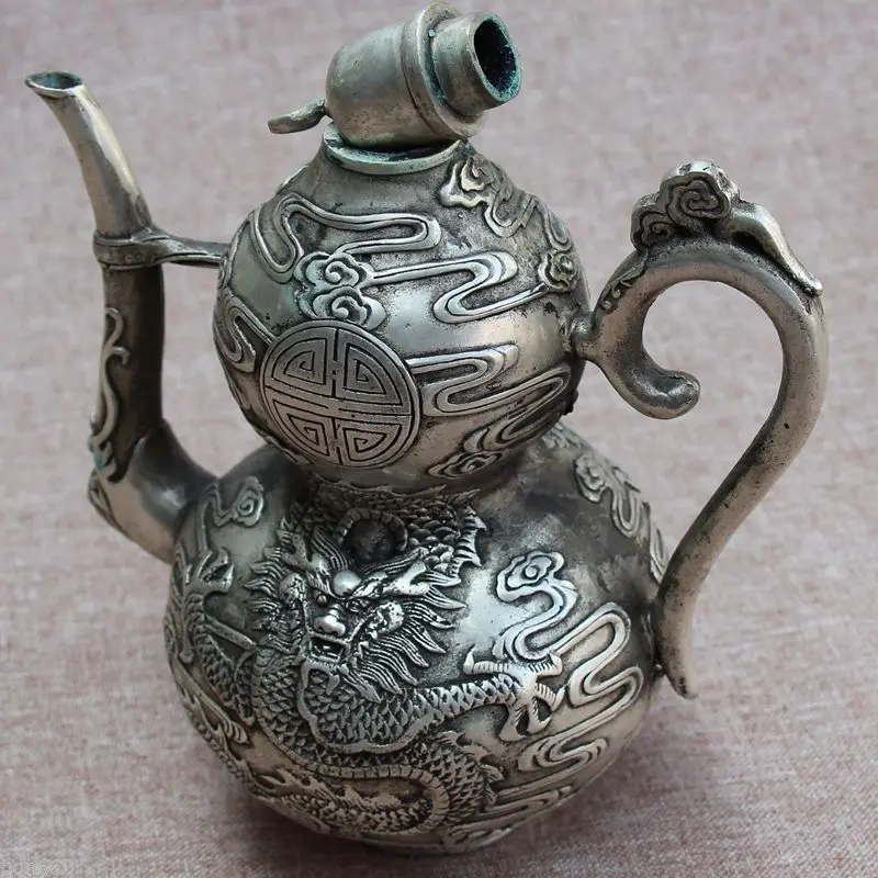 Old China White Brass Carving Dragon Pattern Gourd Wine pot Teapot Statue | Дом и сад