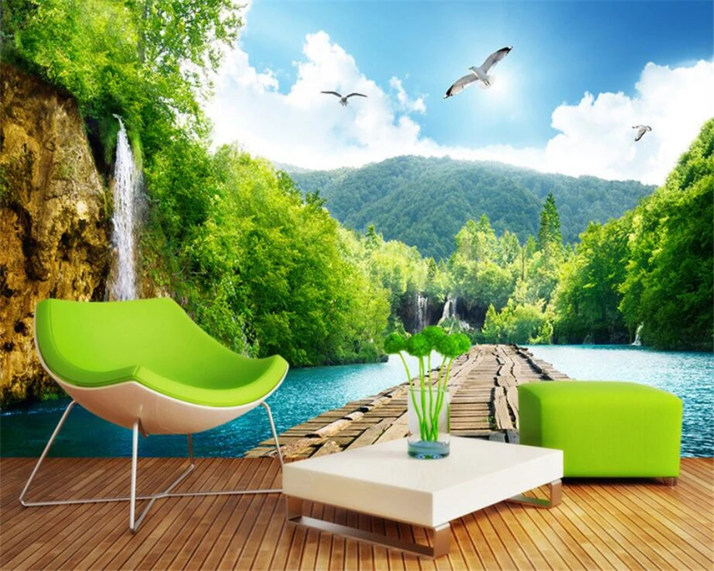 Фото Природа пейзаж фото 3d обои водопад деревянный мост 3D фон Настенные для стен 3 d