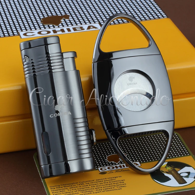 COHIBA металлическая Бутановая газовая ветрозащитная Тройная Зажигалка для
