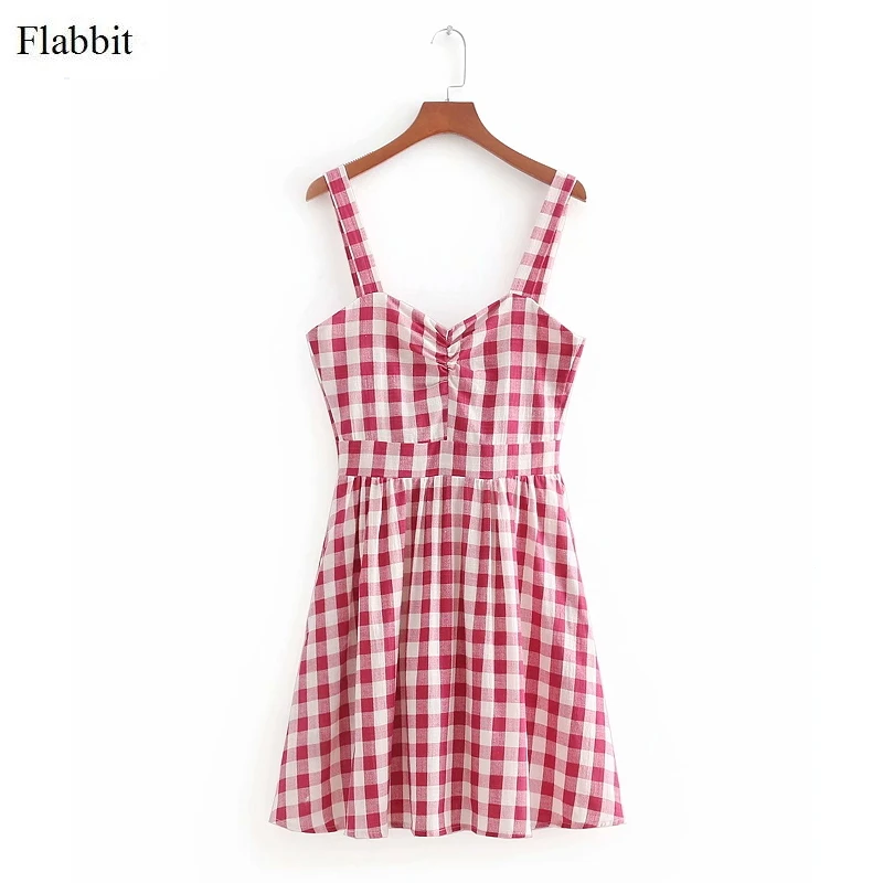 Фото Flabbit женское винтажное красное клетчатое плиссированное платье на бретельках