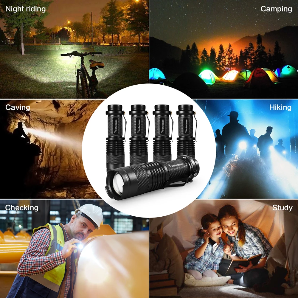 5 x LED flashlight Mini Zoomable Torch Black Tactical Flashlight with 3 Modes Portable for Repairing Camping | Лампы и освещение