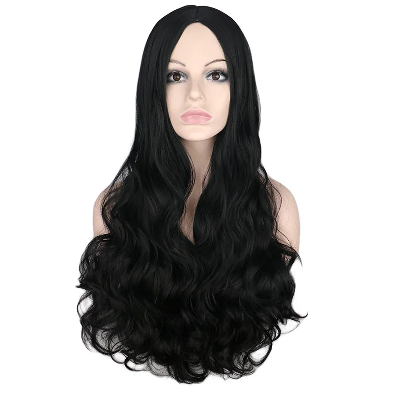 QQXCAIW Для женщин длинные вьющиеся Косплэй полный парик естественный черный