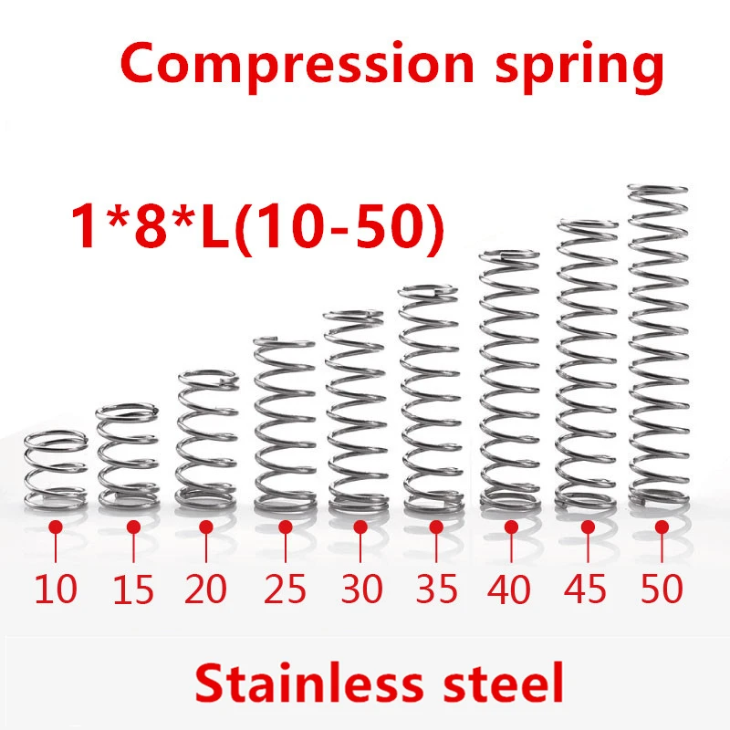 20pcs/lot 1*8*10/15/20/25/30/35/40/45/50mm spring 1mm stainless steel Micro small Compression spring
20pcs/lot 1*8*10/15/20/25/30/35/40/45/50mm spring 1mm stainless steel Micro small Compression spring