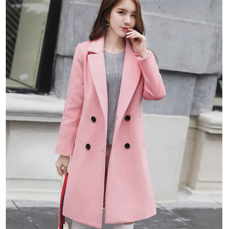 Шерстяное пальто женская длинная верхняя одежда Осеннее модное розовое