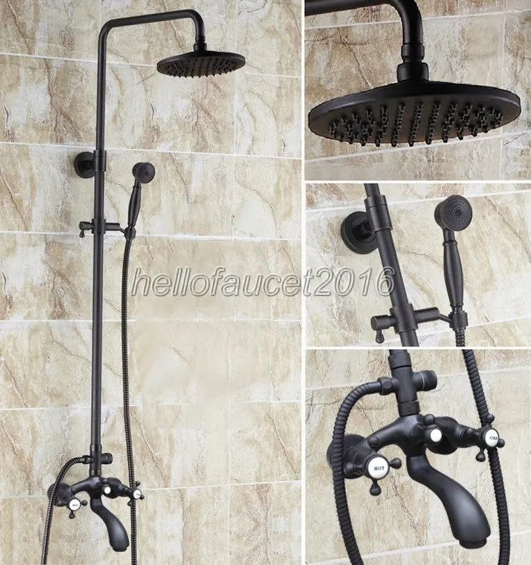 

Bathroom 8 inch Black Oil Rubbed Bronze Rainfall Shower Faucet Set with Bath Tub Mixer Taps + Handheld Shower Wall Mount lhg115