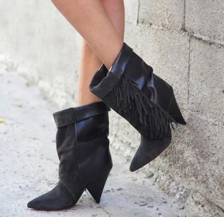 Hot Fashion Gray/Black/Black No Fringe/Black Suede Genuine Leather Mid-Calf Pointed Toe Mixed Color Women Shoe Fringe Women Boot
Hot Fashion Gray/Black/Black No Fringe/Black Suede Genuine Leather Mid-Calf Pointed Toe Mixed Color Women Shoe Fringe Women Boot