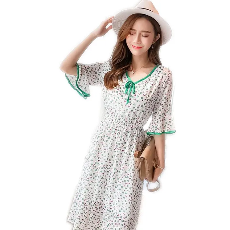 2019 Top Wome Chiffon Sweet Print Floral Dress Knee-Length V-Neck Female Fashion Flare Short Sleeve Dress Women Lace-Up Q169
2019 Top Wome Chiffon Sweet Print Floral Dress Knee-Length V-Neck Female Fashion Flare Short Sleeve Dress Women Lace-Up Q169