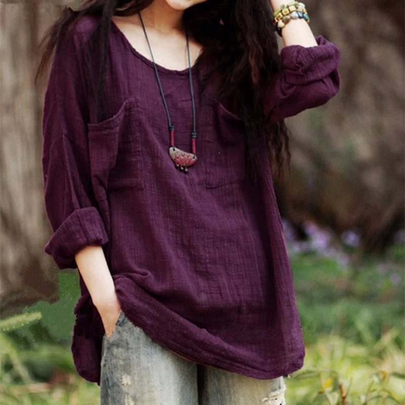 Women's Cotton Linen Loose T-shirt Lady Solid Oversized Casual Blouse Tops Shirt