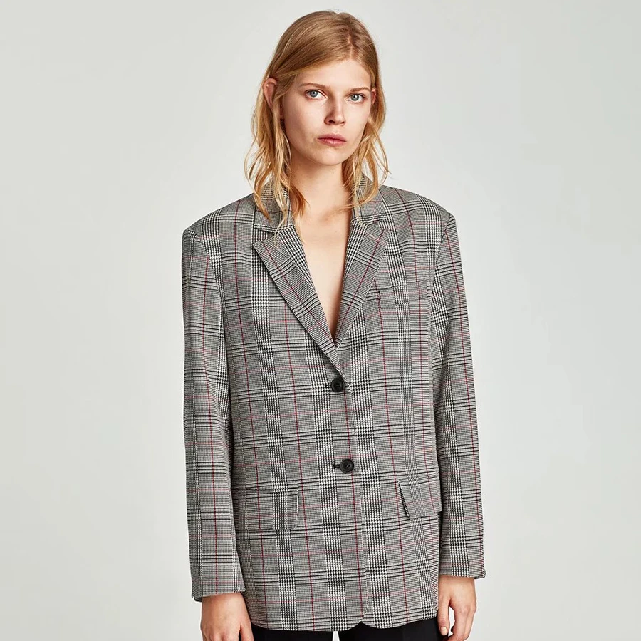 Ретро Для женщин блейзер плед свободные Mujer Elegante двубортный ломаную клетку S