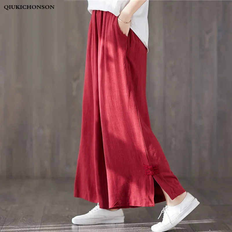 Chinese Style Vintage Knot Buttons Decorated Side Slit Wide Leg Pants Women Literary Casual Loose Linen Pants Ladies palazzo
Chinese Style Vintage Knot Buttons Decorated Side Slit Wide Leg Pants Women Literary Casual Loose Linen Pants Ladies palazzo