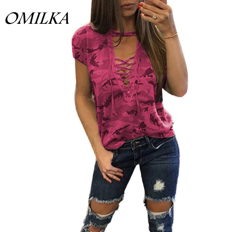 Женские камуфляжные футболки OMILKA повседневные уличные розового синего зеленого