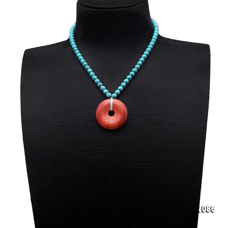 JYX Ping style Turquoise Necklace 6.5mm Blue Faceted Turquoise dotted a Red Round 35*35mm Coral Pendant 16.5"
JYX Ping style Turquoise Necklace 6.5mm Blue Faceted Turquoise dotted a Red Round 35*35mm Coral Pendant 16.5"