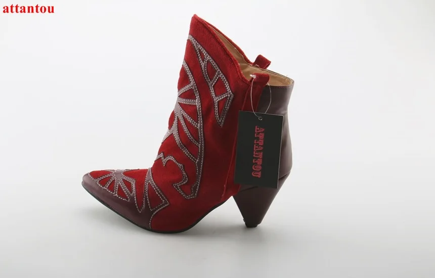Suede Leather woman ankle boots spike heels wine red embroidery short boots slip-on female dress shoes autumn winter fashion
Suede Leather woman ankle boots spike heels wine red embroidery short boots slip-on female dress shoes autumn winter fashion