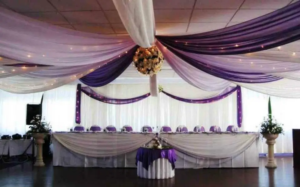 Hot 10pcs Wedding Ceiling Draper Canopy Drapery 10mx0.7m White&voilet Luxury Wedding Roof Drape roof swag
Hot 10pcs Wedding Ceiling Draper Canopy Drapery 10mx0.7m White&voilet Luxury Wedding Roof Drape roof swag