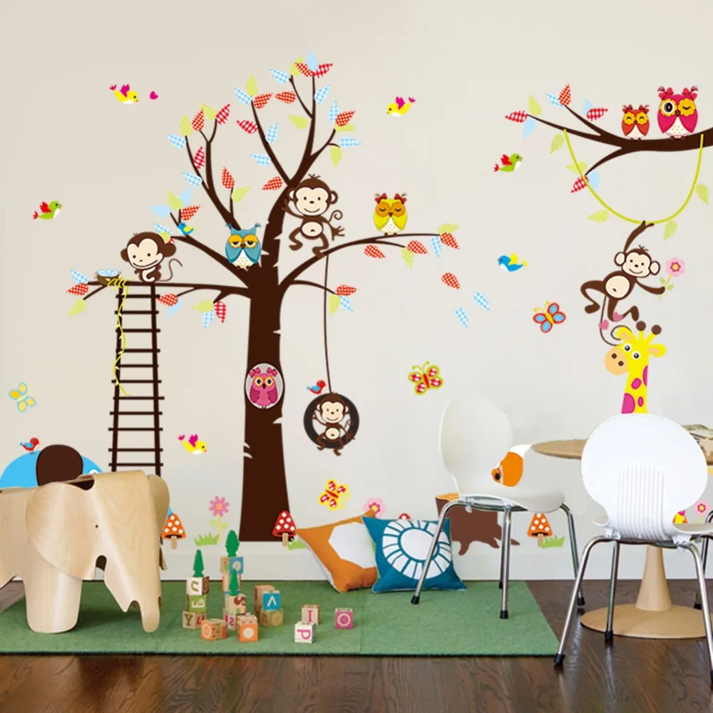 Животные слон лев обезьяна Сова дерево наклейки на стену для детской комнаты