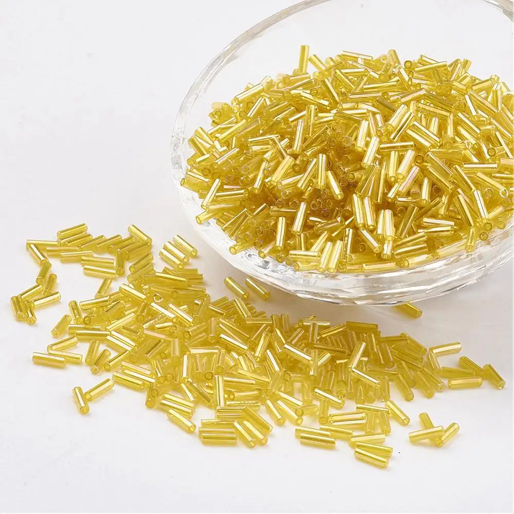 Pandahall Gold Glass Bugle Beads for jewelry making, Transparent Colours Rainbow Bead, 12x2mm, Hole: 0.5mm; about 5000pcs/bag
Pandahall Gold Glass Bugle Beads for jewelry making, Transparent Colours Rainbow Bead, 12x2mm, Hole: 0.5mm; about 5000pcs/bag