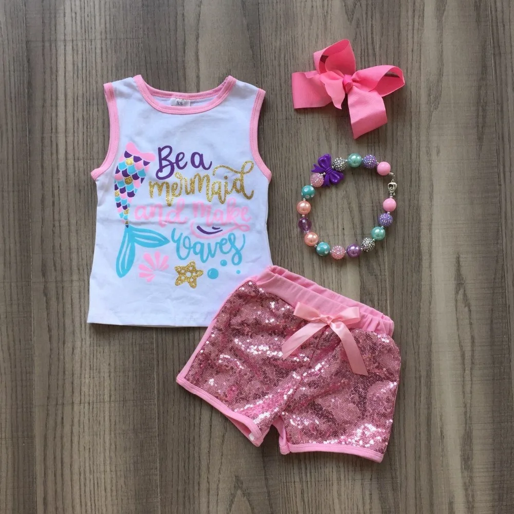 baby girls summer new arrival outfits mermaid sequin short with bow and necklace. | Мать и ребенок