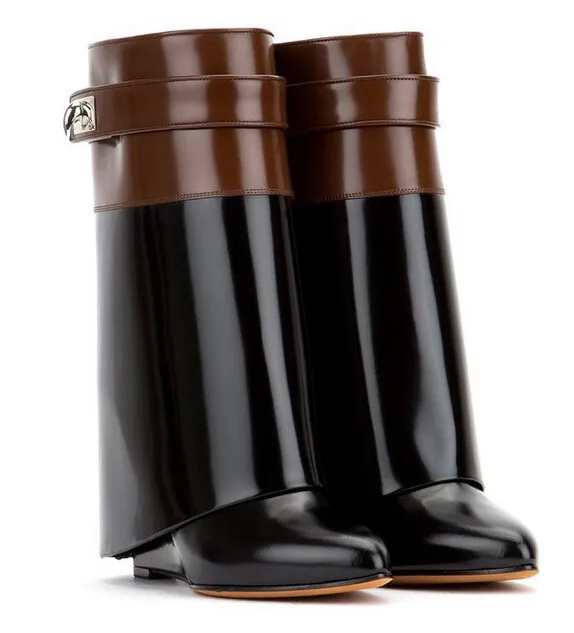 Новинка 2019, дизайнерские двухцветные кожаные ботильоны с Акульей застежкой на танкетке, черные и темно-коричневые кожаные ботинки до щиколотки, размеры США 10 
Новинка 2019, дизайнерские двухцветные кожаные ботильоны с Акульей застежкой на танкетке, черные и темно-коричневые кожаные ботинки до щиколотки, размеры США 10