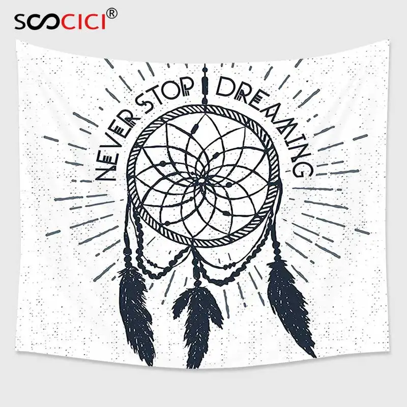 

Cutom Tapestry Wall Hanging,Quotes Decor Inspirational Never Stop Dreaming Lettering in Ethnic Dreamcatcher Modern Illustration