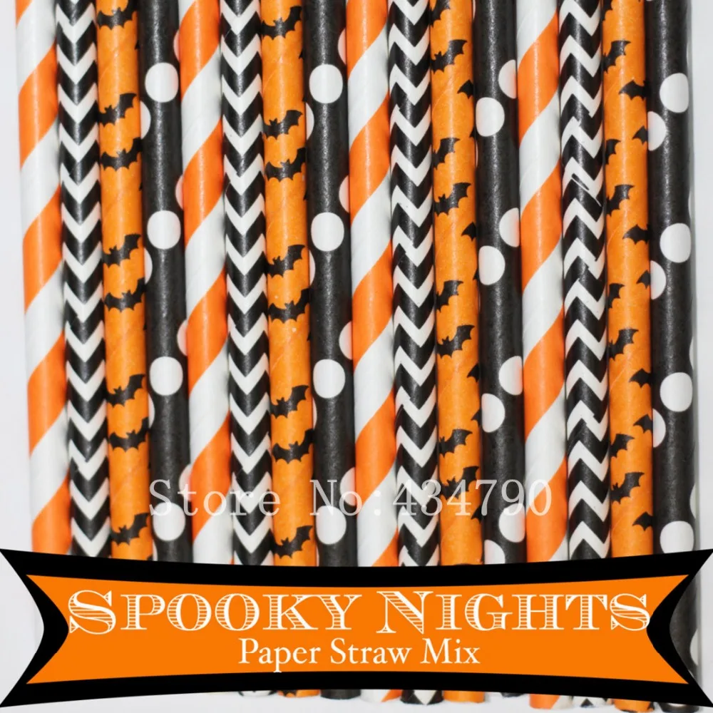 

200pcs Mixed 4 Designs Spooky Nights Themed Paper Straws-Black,Orange,Polka Dot,Striped,Chevron,Bat Halloween Party Drinking Fun