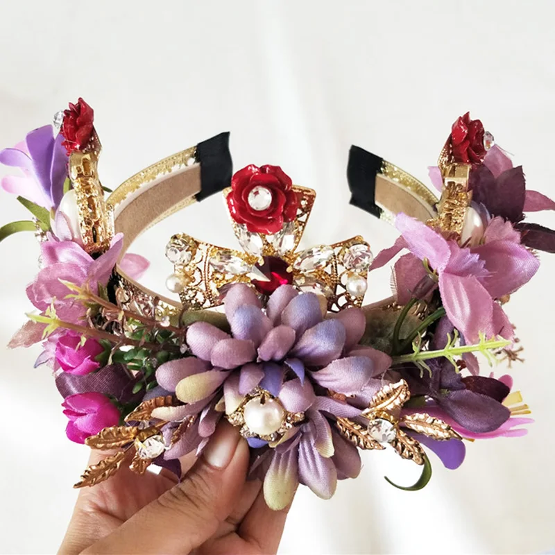 

Exaggeration Purple Flower Headbands Bridal Head Accessories Wedding Cross Crystal Bride Wreath Hair jewellery Hair Sticks