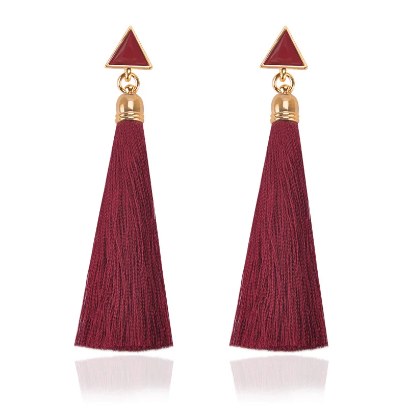 

2018 New Bohemian Blue Red Long Tassel Earrings Triangle Charm Silk Fringed Drop Dangle Bricos For Women Wedding Jewelry Bijoux