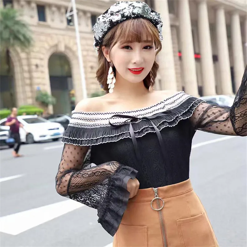 Spring Summer Women Ruffles Slash Neck Blouse Tops Sweet Hollow Out Floral Lace Shirt Female Bow Flare Sleeve Mesh Blouses A1419
Spring Summer Women Ruffles Slash Neck Blouse Tops Sweet Hollow Out Floral Lace Shirt Female Bow Flare Sleeve Mesh Blouses A1419