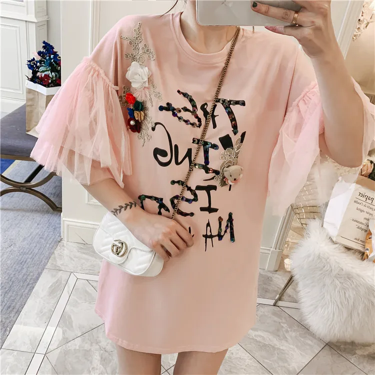 New summer long Tees ruffled Sleeve t-shirt dress women's dolls appliques round neck loose fashion casual Tdress Tops CC109 
New summer long Tees ruffled Sleeve t-shirt dress women's dolls appliques round neck loose fashion casual Tdress Tops CC109