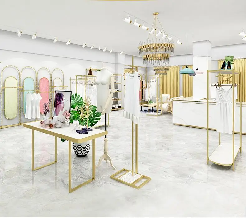 New fashion clothing store display rack, simple golden floor-style women's clothing store shelf wall hanging
New fashion clothing store display rack, simple golden floor-style women's clothing store shelf wall hanging
