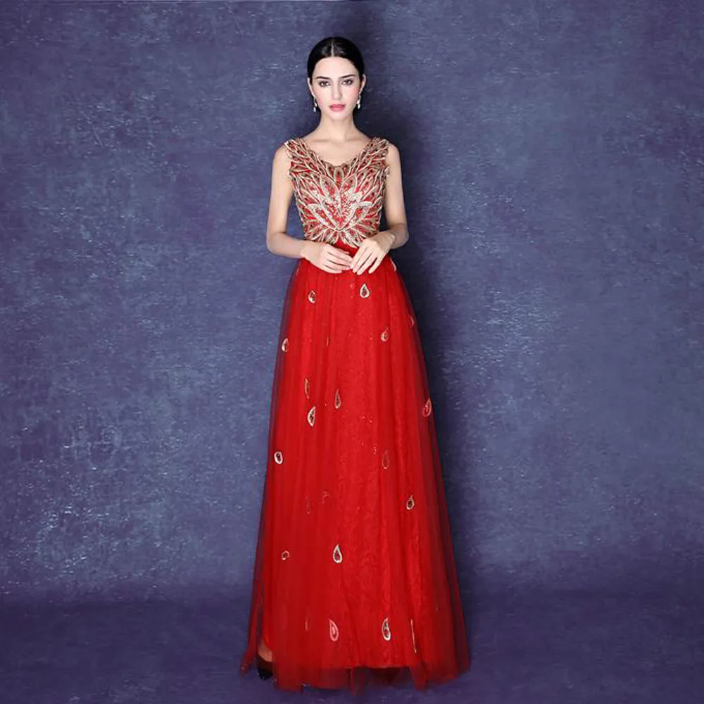 Известный бренд 2016 роскошный красный камень феникс пром платья длинные v шеи без
