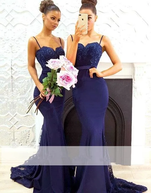 Blue Cheap Bridesmaid Dresses Under 50 Mermaid Spaghetti Straps Lace Beaded Wedding Party Dresses
Blue Cheap Bridesmaid Dresses Under 50 Mermaid Spaghetti Straps Lace Beaded Wedding Party Dresses