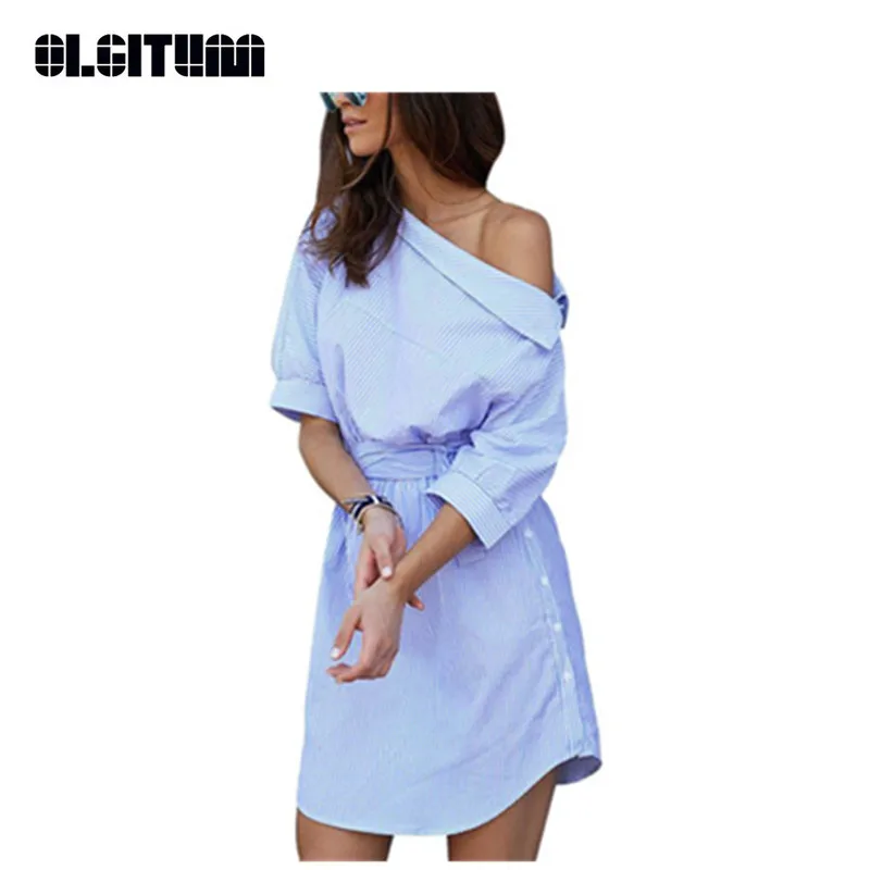 New OLGITUM 2020 Summer Women Dress Blue Striped Shirt Short Dress Half Sleeve Beach Dresses Plus Size S-XL DR118
New OLGITUM 2020 Summer Women Dress Blue Striped Shirt Short Dress Half Sleeve Beach Dresses Plus Size S-XL DR118