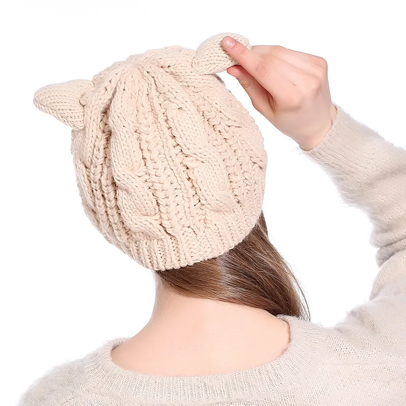 Шапка-бини с кошачьими ушками зимняя шапка для женщин вязаные шапочки узором