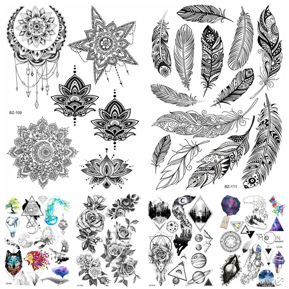 Women Collarbone Wrist India Feather Fake Tattoos Temporary Black Henna Mandala Tattoo Stickers Girls Body Arm Moon Tatoos Paper
Women Collarbone Wrist India Feather Fake Tattoos Temporary Black Henna Mandala Tattoo Stickers Girls Body Arm Moon Tatoos Paper