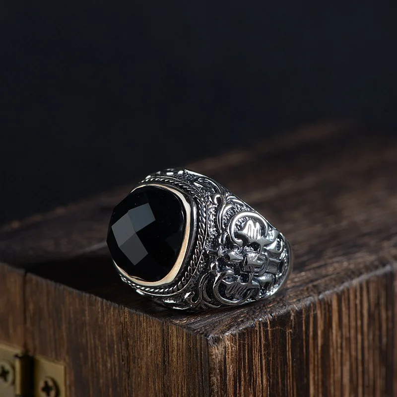 

FNJ 925 Silver Black agate Stone Ring New Fashion S925 Sterling Thai Silver Rings for Men Jewelry USA Size 8-12