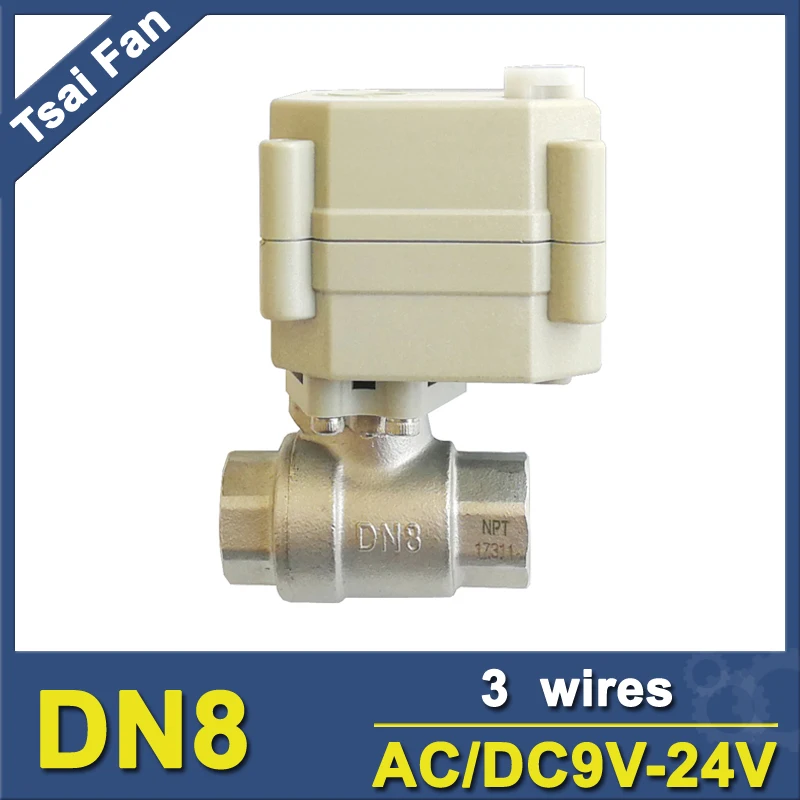 

Tsai Fan Electric Automatic Ball Valve 2 Way Stainless Steel NPT/BSP 1/4" AC/DC9V-24V 3 Wires Valve On/Off 5 Sec CE/IP67