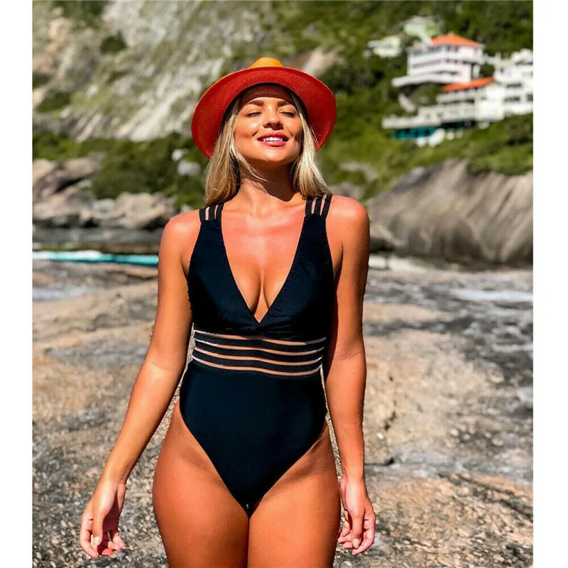 Sexy 2019 Women Body Suits Swimsuit Push-up Padded Bathing Sleeveless Strap Deep V-Neck Swimwear Ladies Backless Monokini | Спорт и