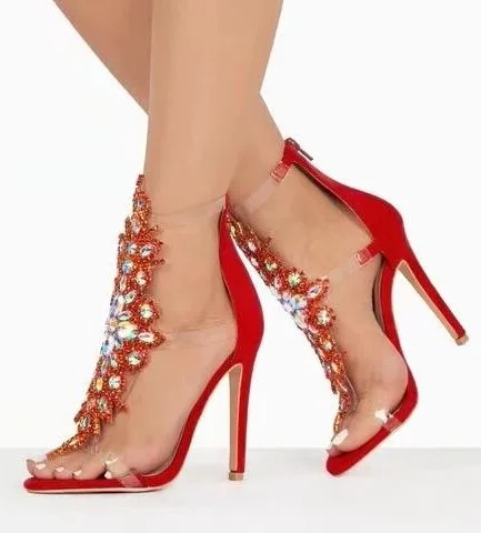 Sexy Red Suede Colorful Crystal Embellished High Heel Women Sandals Cut-out Peep Toe PVC Ankle Strap Cage Shoes Women Real Photo
Sexy Red Suede Colorful Crystal Embellished High Heel Women Sandals Cut-out Peep Toe PVC Ankle Strap Cage Shoes Women Real Photo