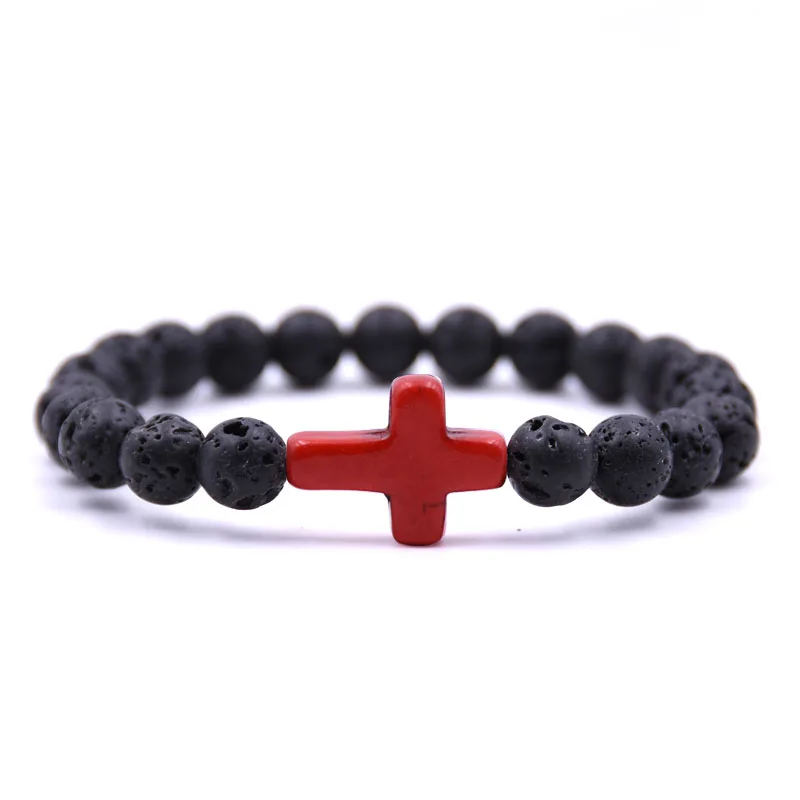 HONEYYIYI Black Lava Natural Stone Beads Bracelet Fashion Cross Charms For Women Beaded Boho Yoga Men Jewelry | Украшения и