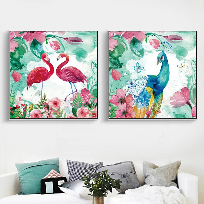 Фото Nordic цветы Фламинго Павлин отпечатки Холст Картина Wall Art плакаты с живописью бар