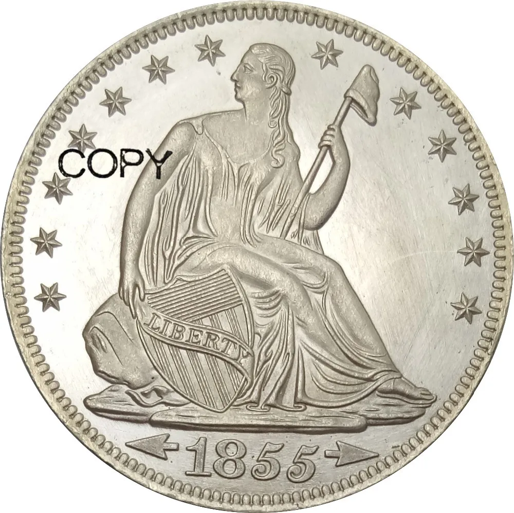 United States Liberty Seated Half Dollars 1855 No Motto Above Eagle Arrows at Date No Rays Brass Plated Silver Copy Coin
United States Liberty Seated Half Dollars 1855 No Motto Above Eagle Arrows at Date No Rays Brass Plated Silver Copy Coin