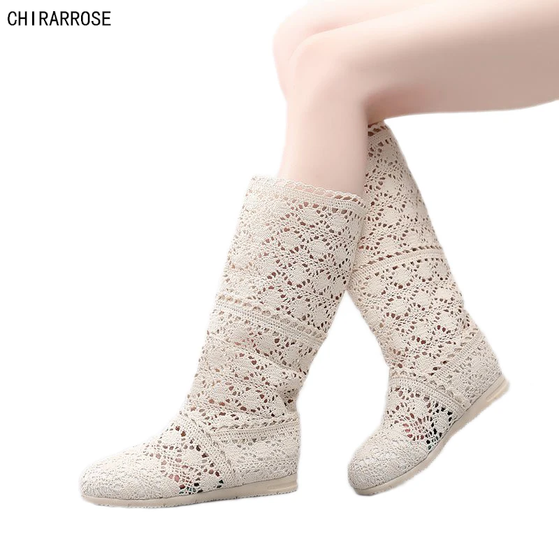 Новинка осенние женские сапоги CHIRARROSE вязаные на плоской подошве летние крутые