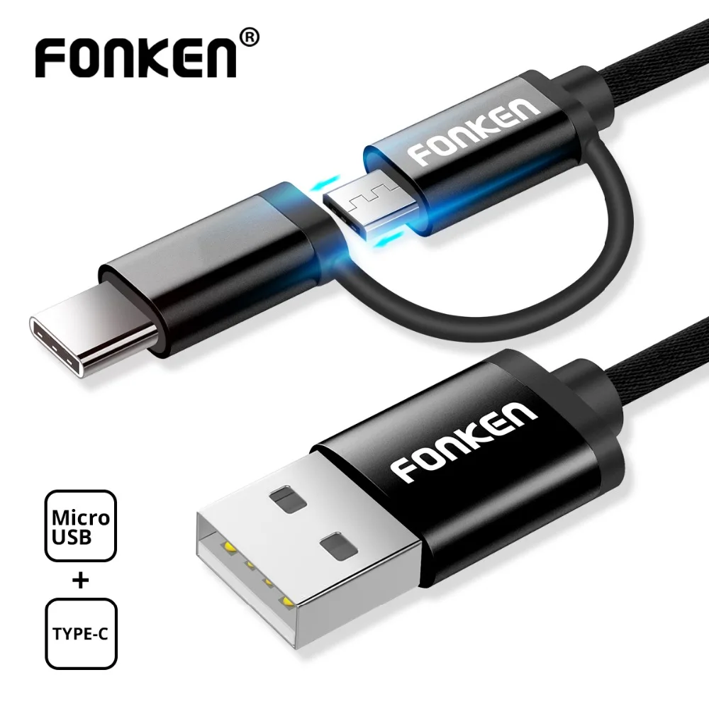 FONKEN 2 в 1 Micro USB Type C кабель для быстрой зарядки нейлоновый Быстрая зарядка адаптер