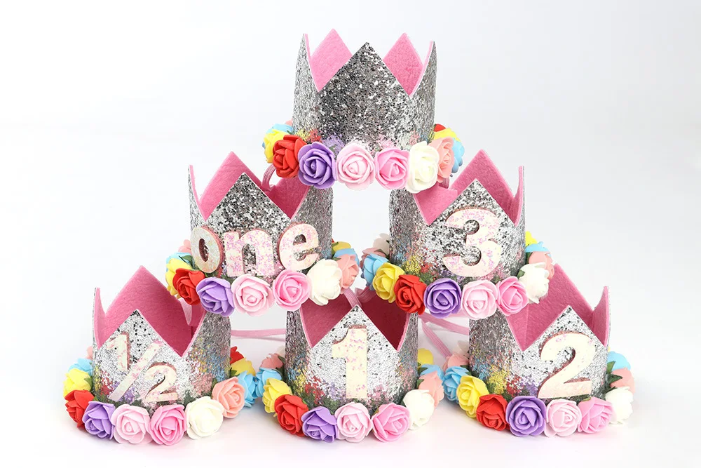 Glitter Birthday Crown Headband with flowers , First Birthday Party Hat