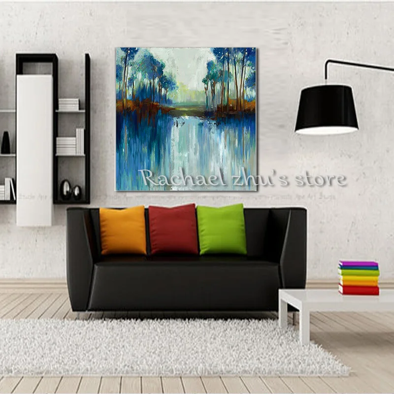 

Hand Painted Abstract Blue River Landscape Oil Paintings On Canvas Abstract Scenery Wall Art Pictures For Living Room Home Decor