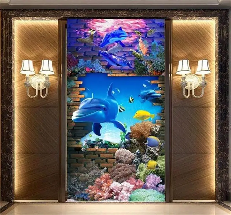 Фото 3d фото комната обои росписи морской мир Дельфин картина вход отделка крыльца под