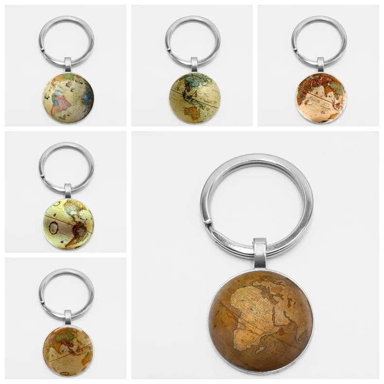 

World Map Earth Seven Oceania Retro Glass Keychain Classical Precision Globe Car Keychain Hang Buckle DIY Photo Custom