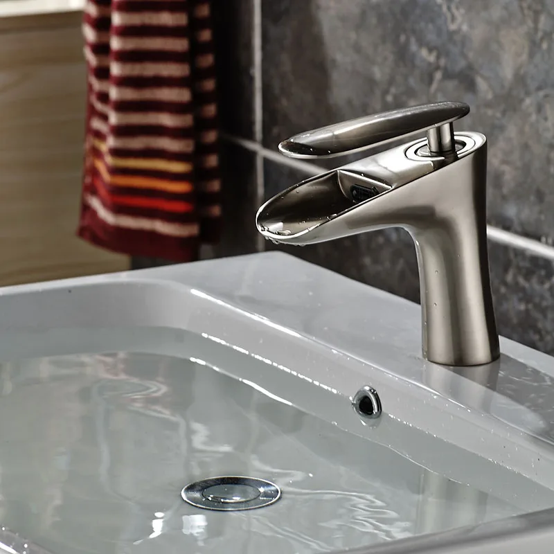 Waterfall Spout Brass Basin Faucet Brushed Nickel Bathroom Basin Faucets Vanity Sink Mixer Tap E
Waterfall Spout Brass Basin Faucet Brushed Nickel Bathroom Basin Faucets Vanity Sink Mixer Tap E