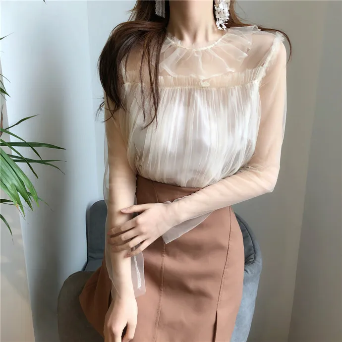 Womens Tops and Blouses Spring 2020 Korean Vintage Ruffles Collar Transparent Mesh Long Sleeve Shirt blusa transparente T254
Womens Tops and Blouses Spring 2020 Korean Vintage Ruffles Collar Transparent Mesh Long Sleeve Shirt blusa transparente T254