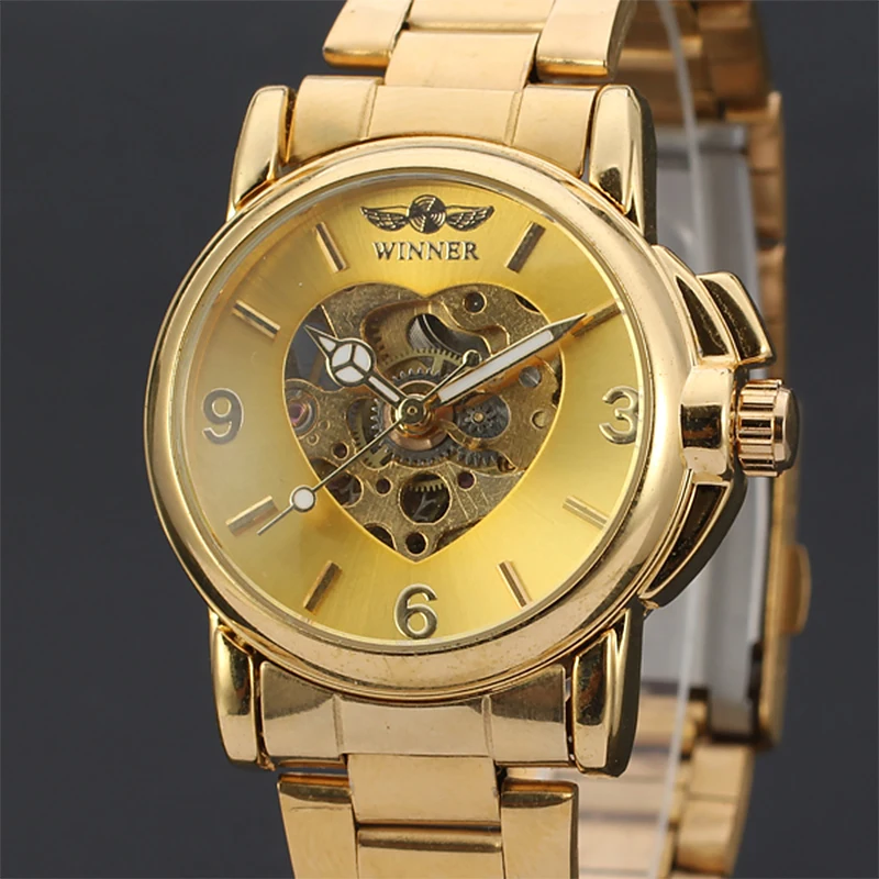 WINNER Women Watches Female Top Brand Luxury Gold Pink Clocks Steel Strap Automatic Mechanical Skeleton Ladies Heart type Watch
WINNER Women Watches Female Top Brand Luxury Gold Pink Clocks Steel Strap Automatic Mechanical Skeleton Ladies Heart type Watch